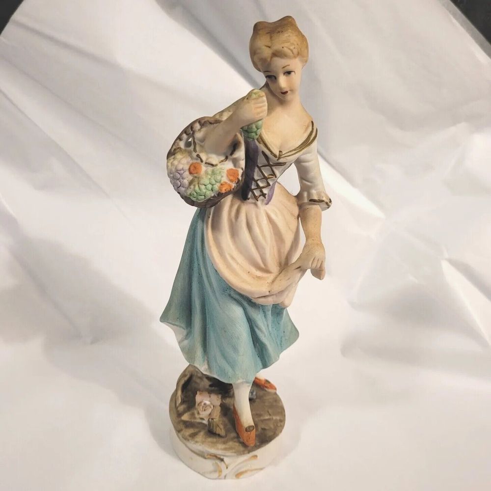 Vintage Wales Japan Porcelain Lady Girl Figurine w/ Basket Of Grapes 7.25"H